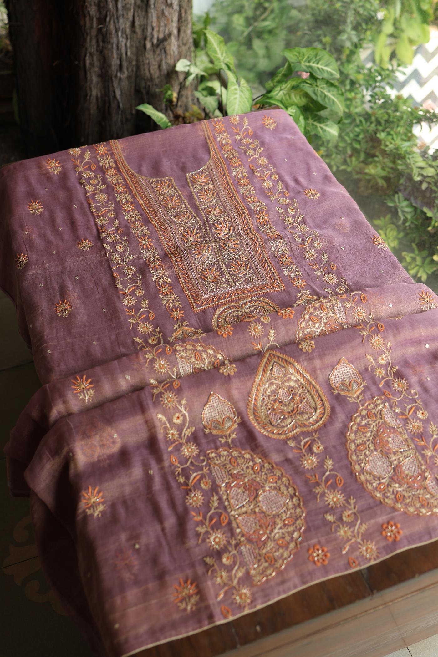 Dull Purple Tissue Silk Chikankari Unstitched Fabric