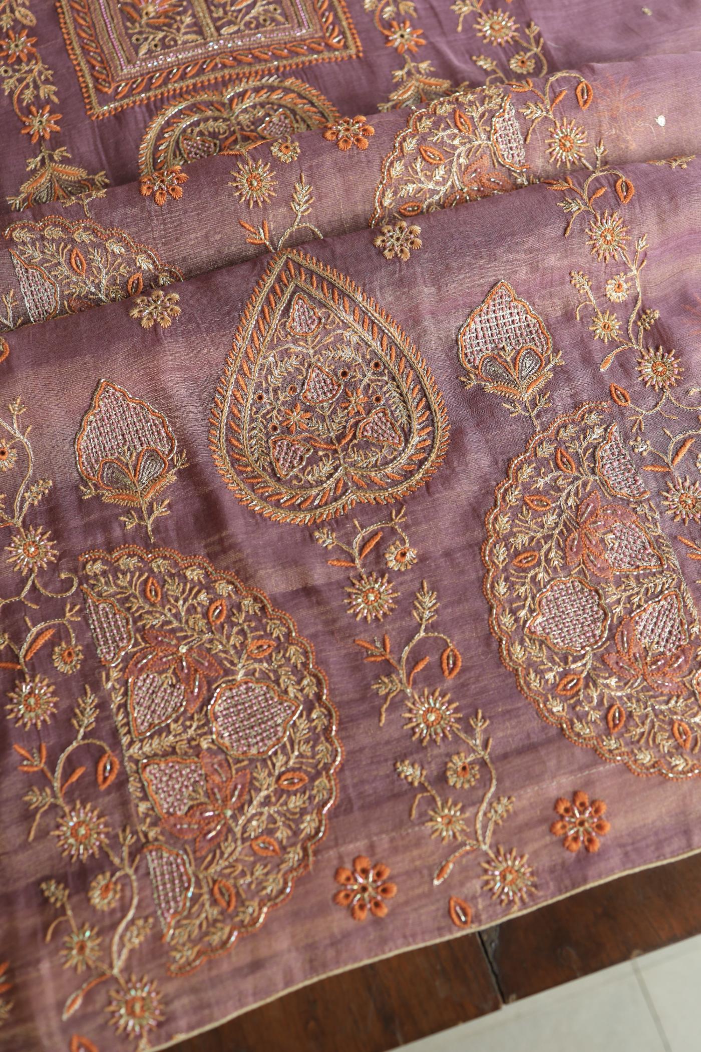 Dull Purple Tissue Silk Chikankari Unstitched Fabric