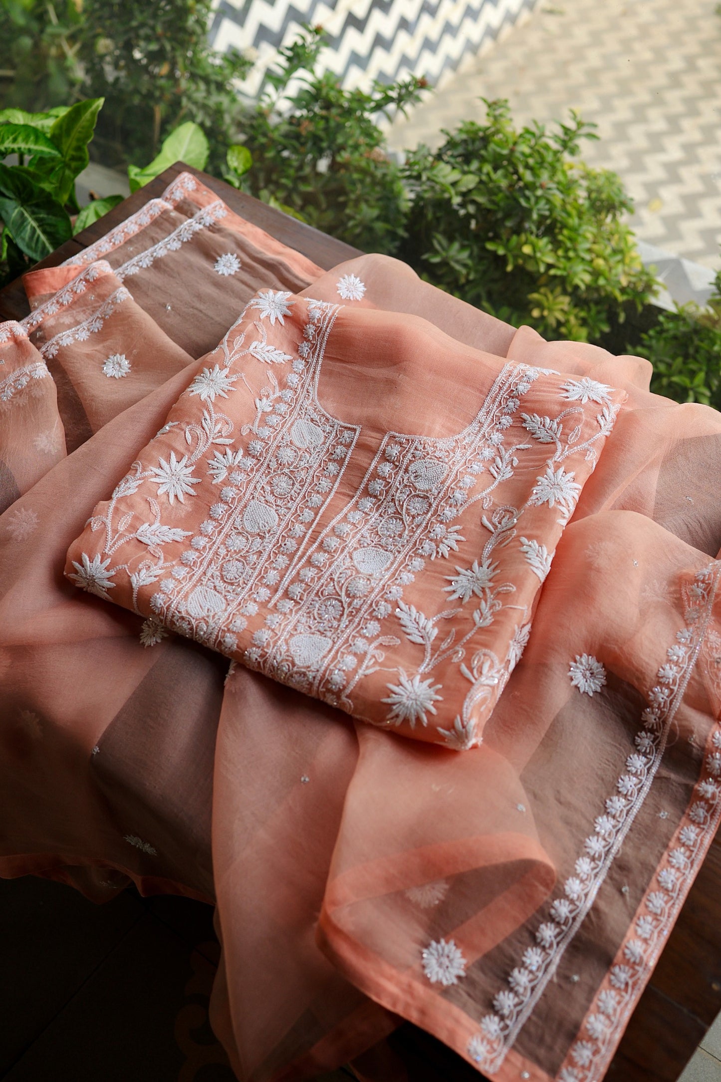 Pastel Rose Shade Noor Organza Banarasi Silk Chikankari Unstitched Kurta Dupatta Set