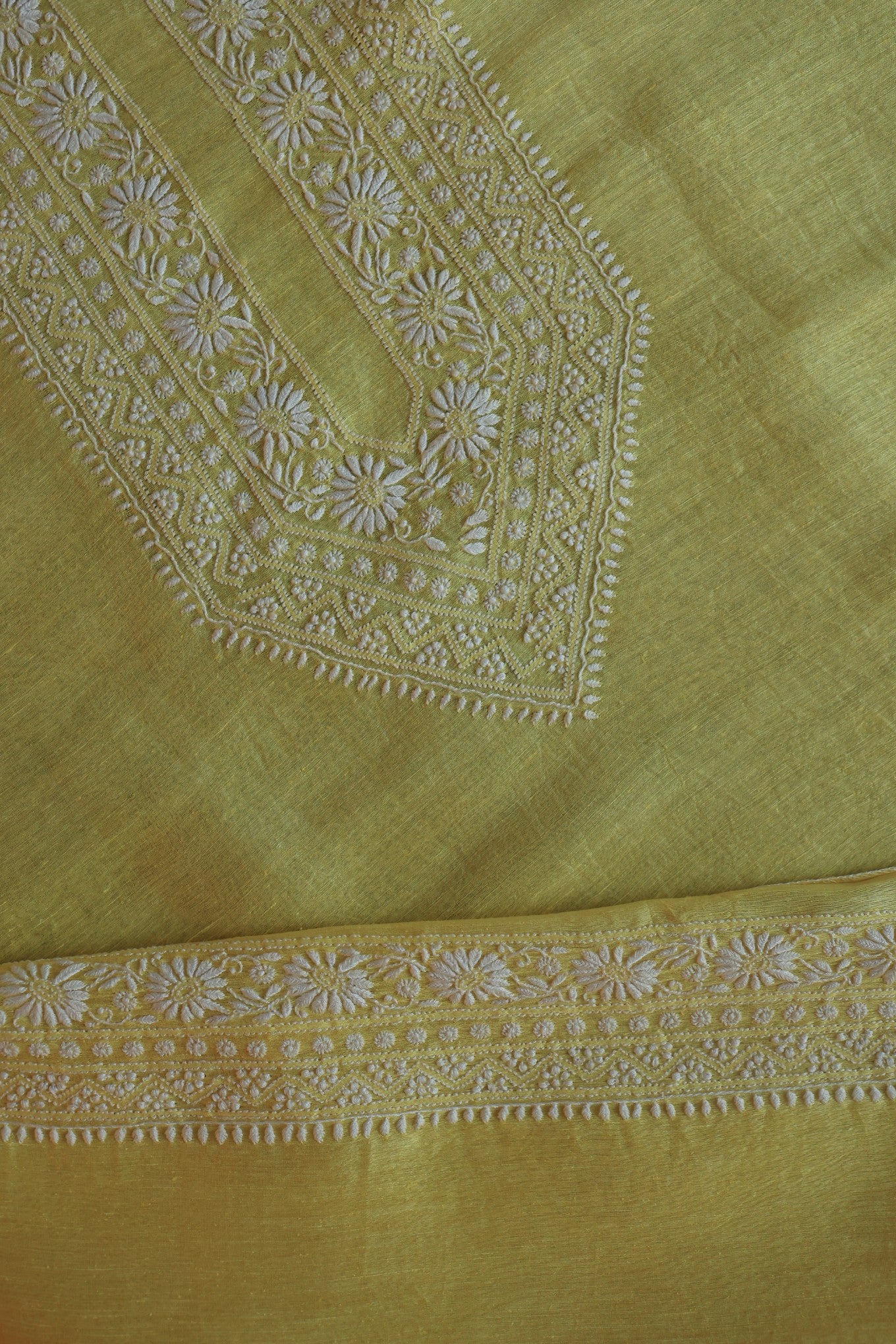 Pastel Yellow Linen Chikankari Unstitched Men's Kurtas Fabric