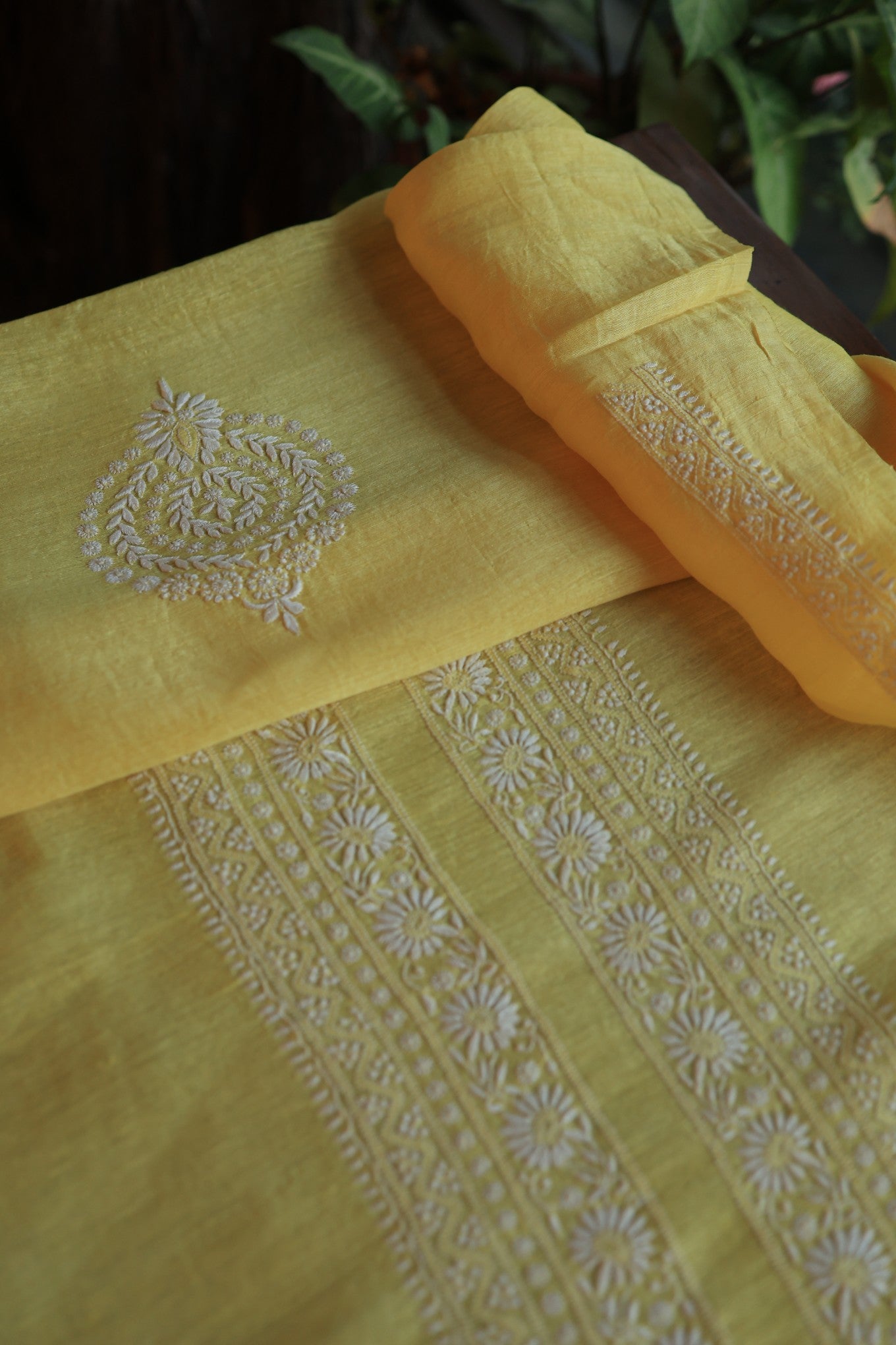 Pastel Yellow Linen Chikankari Unstitched Men's Kurtas Fabric