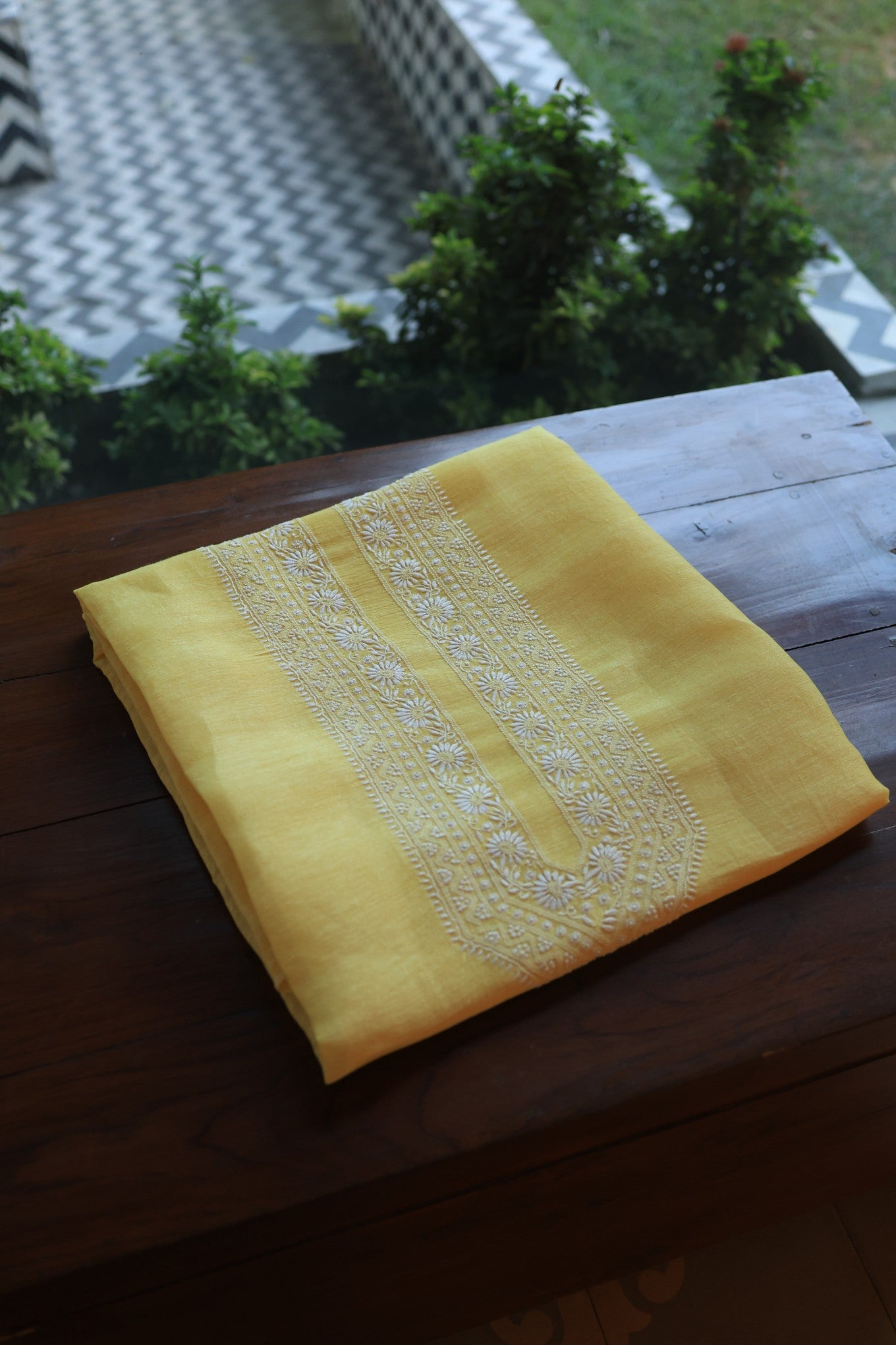 Pastel Yellow Linen Chikankari Unstitched Men's Kurtas Fabric