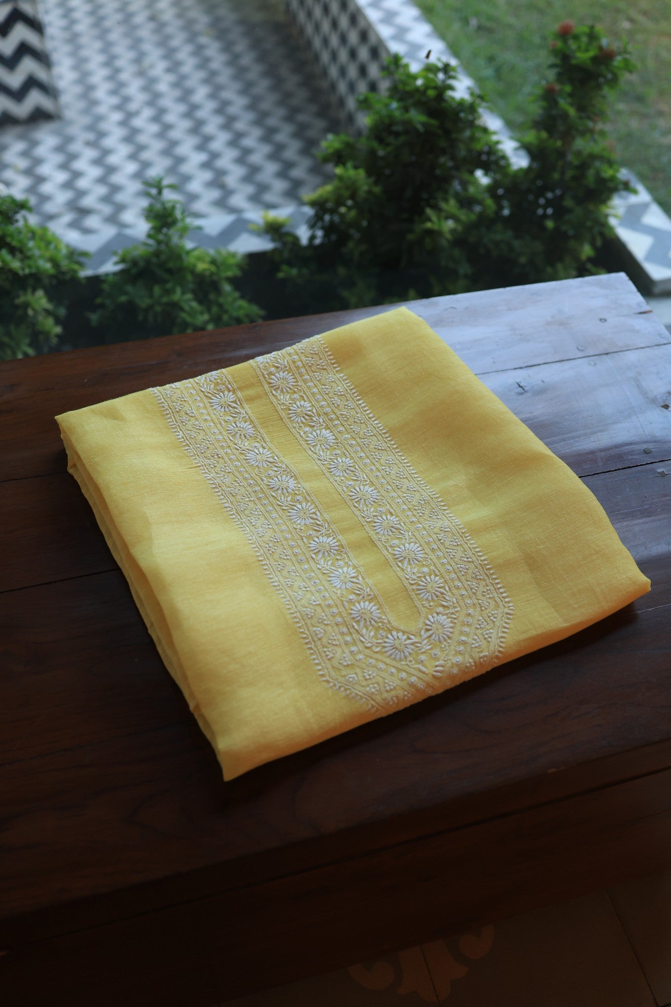 Pastel Yellow Linen Chikankari Unstitched Men's Kurtas Fabric