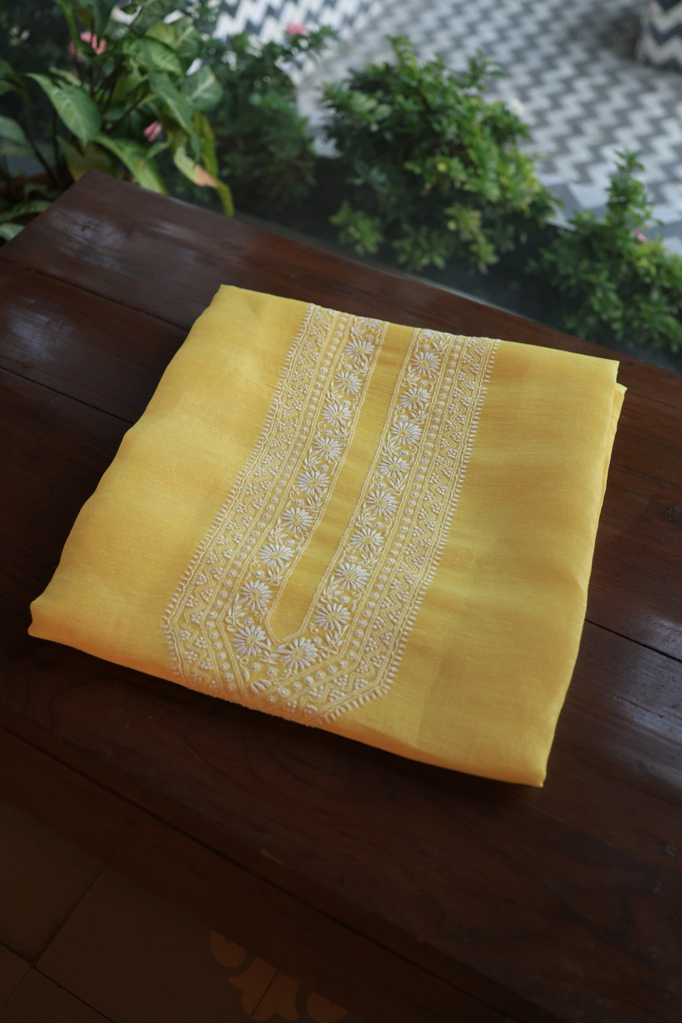 Pastel Yellow Linen Chikankari Unstitched Men's Kurtas Fabric