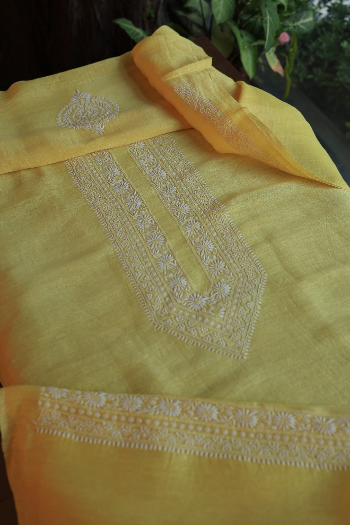 Pastel Yellow Linen Chikankari Unstitched Men's Kurtas Fabric