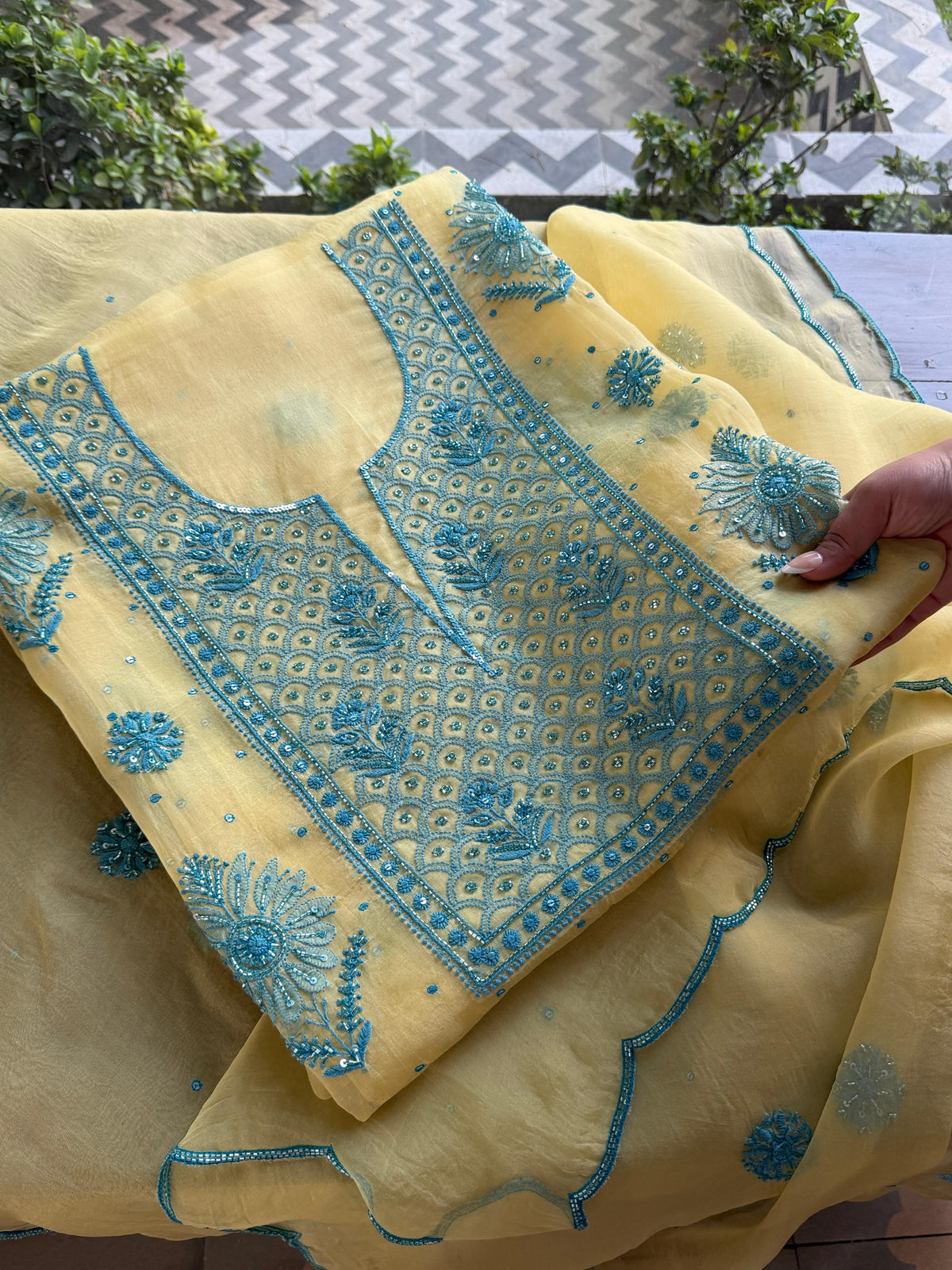 Pastel Yellow Noor Organza Silk Chikankari Unstitched Kurta Dupatta Set