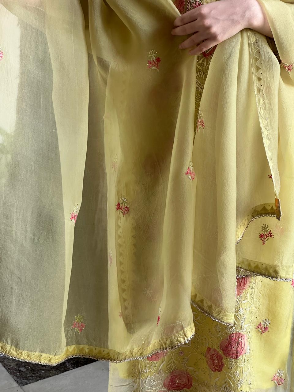 Pastel Yellow Rose Motifs Chikankari x Applique Organza Kurta Set