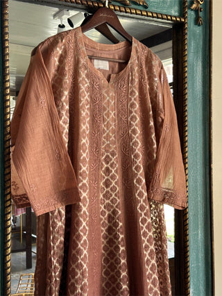Pastel Brown Shade Zari Chanderi Chikankari A Line Kurta with Slip