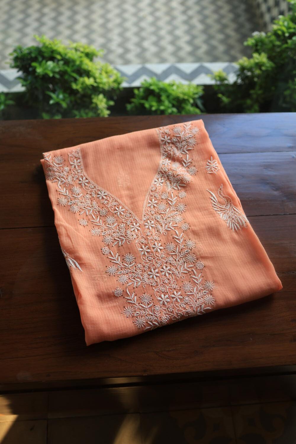 Peach Kota Chikankari Unstitched Women's Kurta Fabric