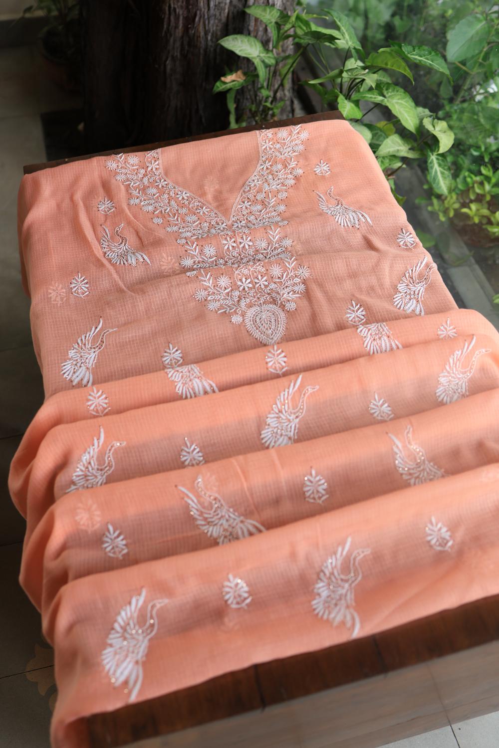 Peach Kota Chikankari Unstitched Women's Kurta Fabric