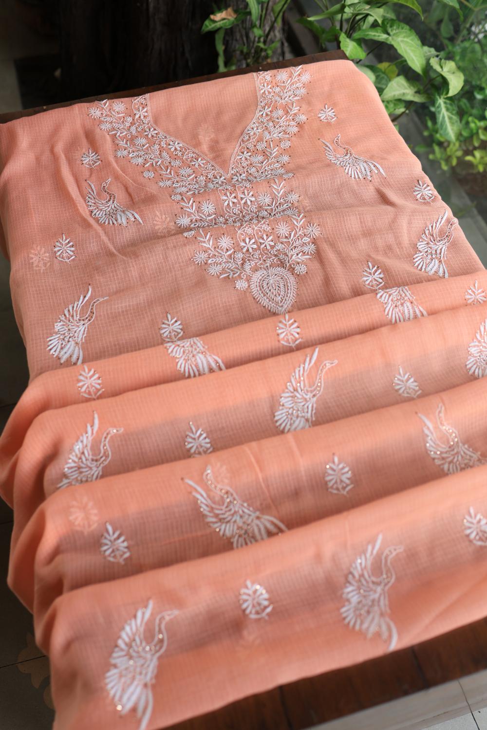 Peach Kota Chikankari Unstitched Women's Kurta Fabric