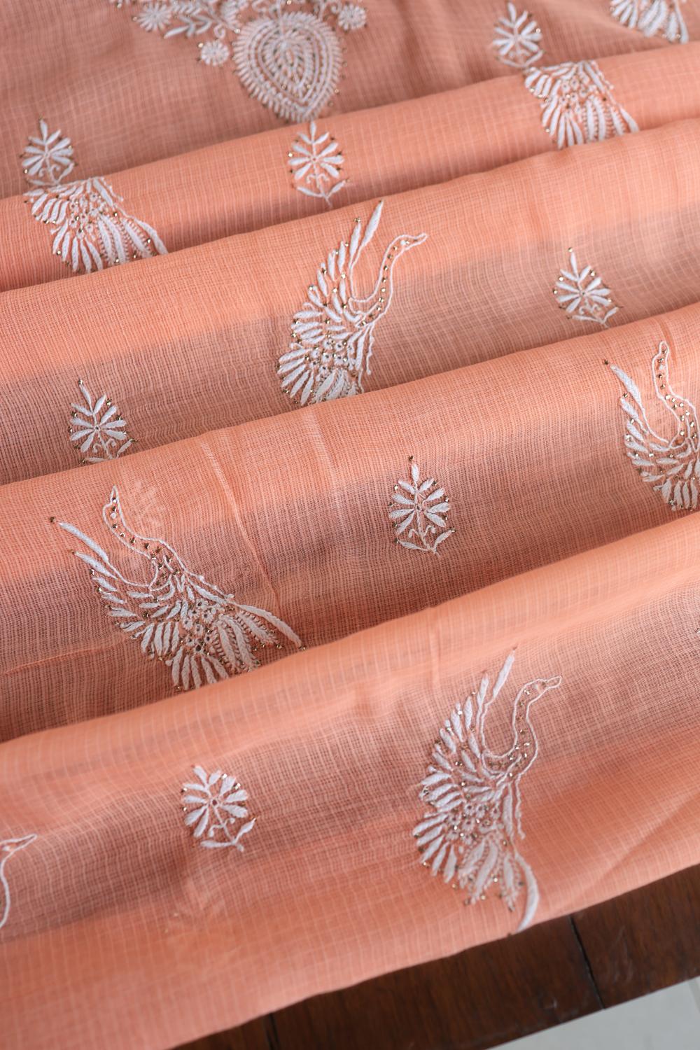 Peach Kota Chikankari Unstitched Women's Kurta Fabric