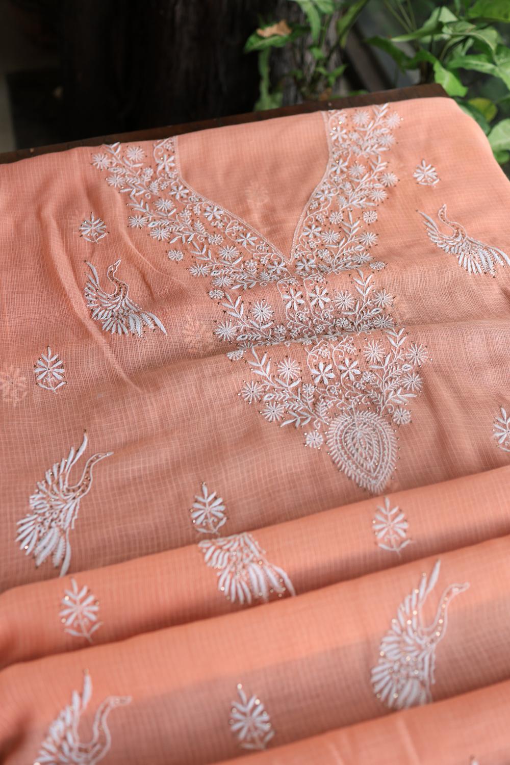 Peach Kota Chikankari Unstitched Women's Kurta Fabric