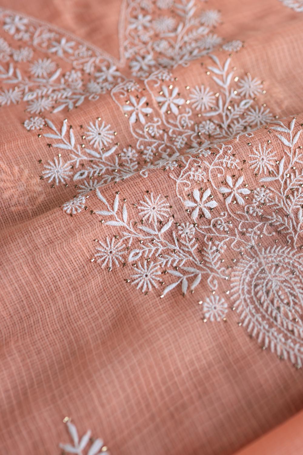 Peach Kota Chikankari Unstitched Women's Kurta Fabric