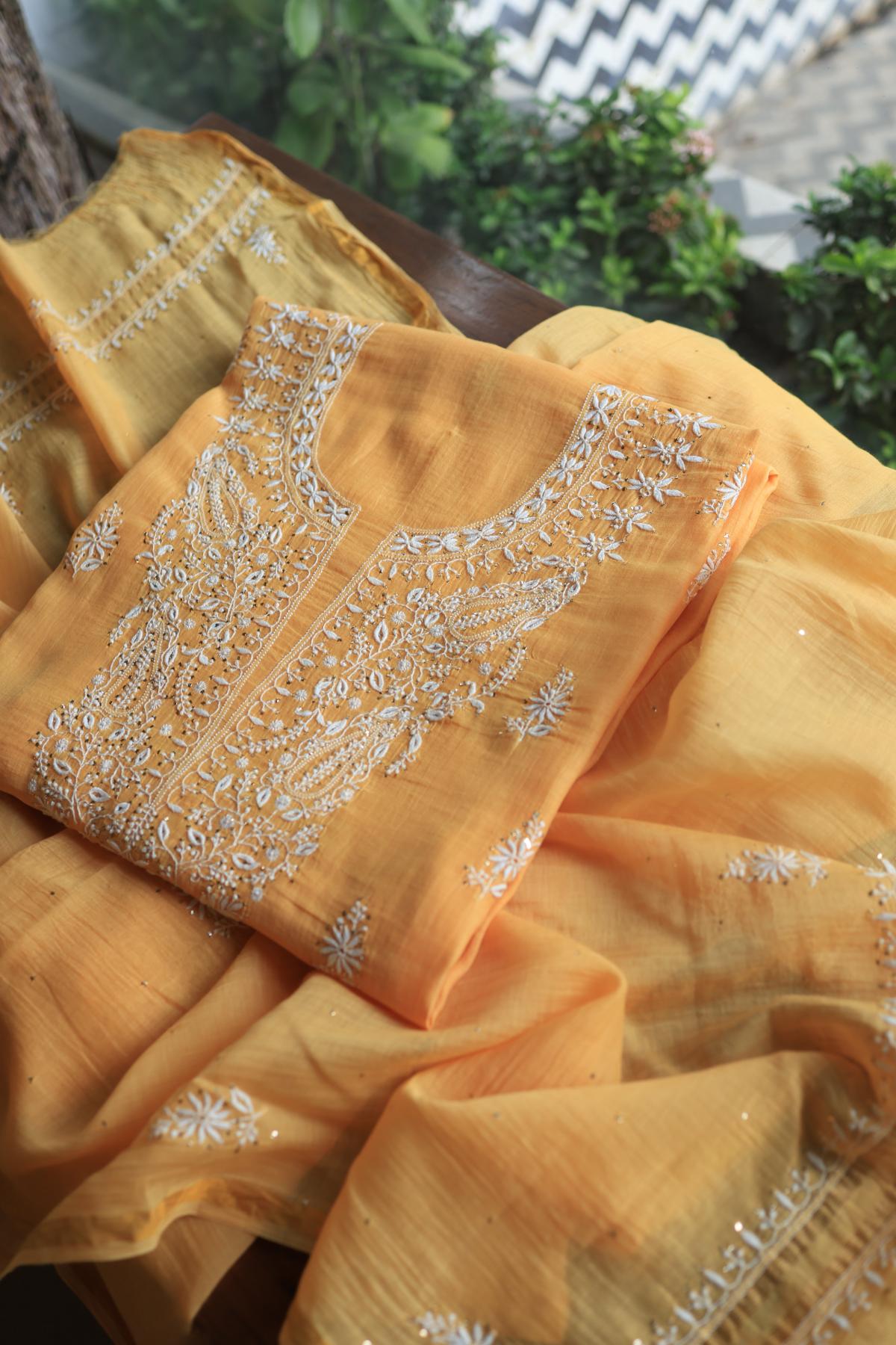 Peach Mal Cotton Chikankari Unstitched Kurta Dupatta Fabrics With Kamdani