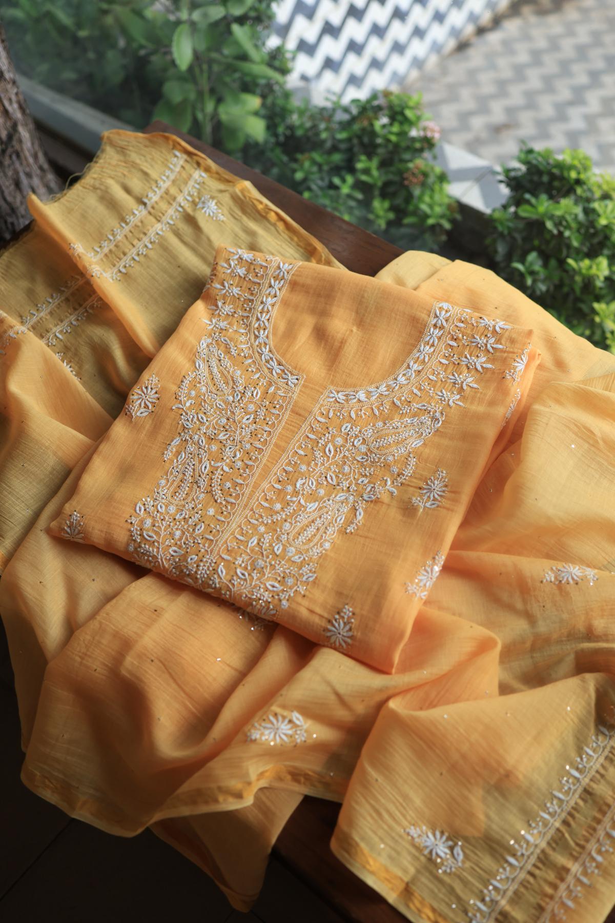 Peach Mal Cotton Chikankari Unstitched Kurta Dupatta Fabrics With Kamdani