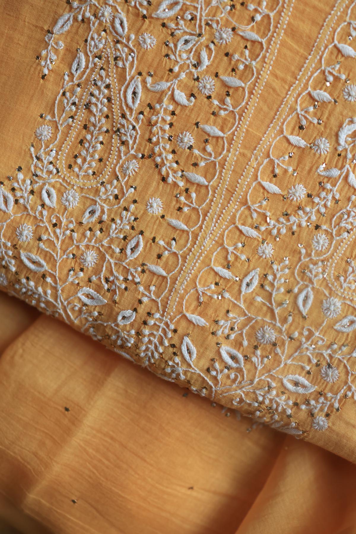Peach Mal Cotton Chikankari Unstitched Kurta Dupatta Fabrics With Kamdani