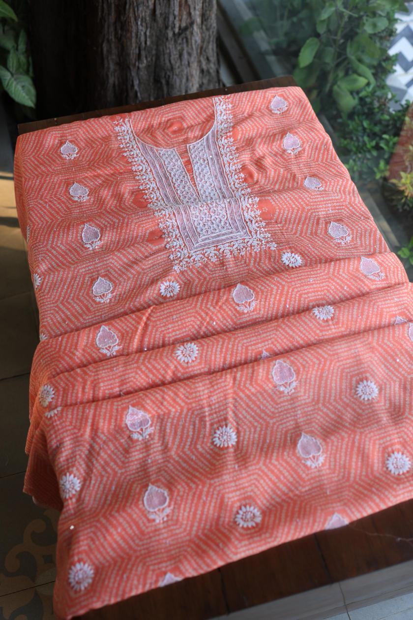 Peach Muslin Chikankari Kurta Fabric
