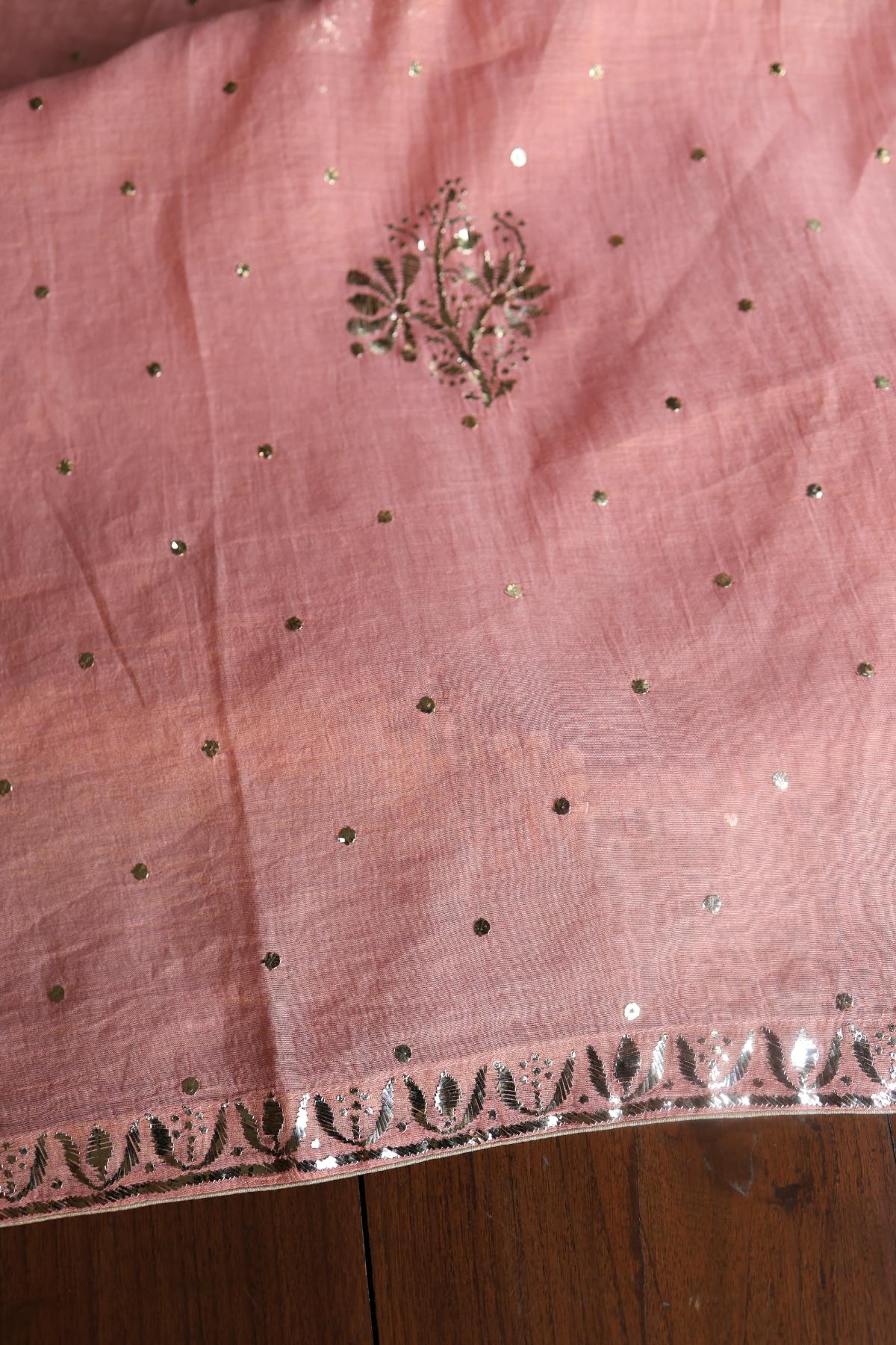 Peach Roheen Tissue Silk Mukaish Badla Fabric