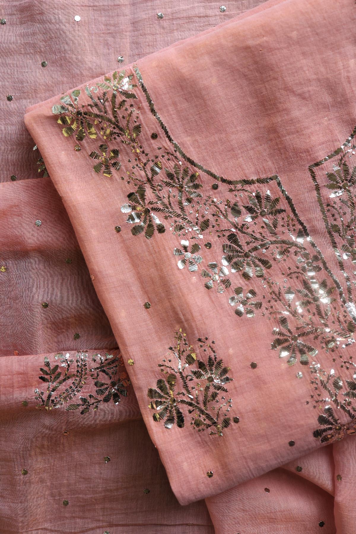 Peach Roheen Tissue Silk Mukaish Badla Fabric