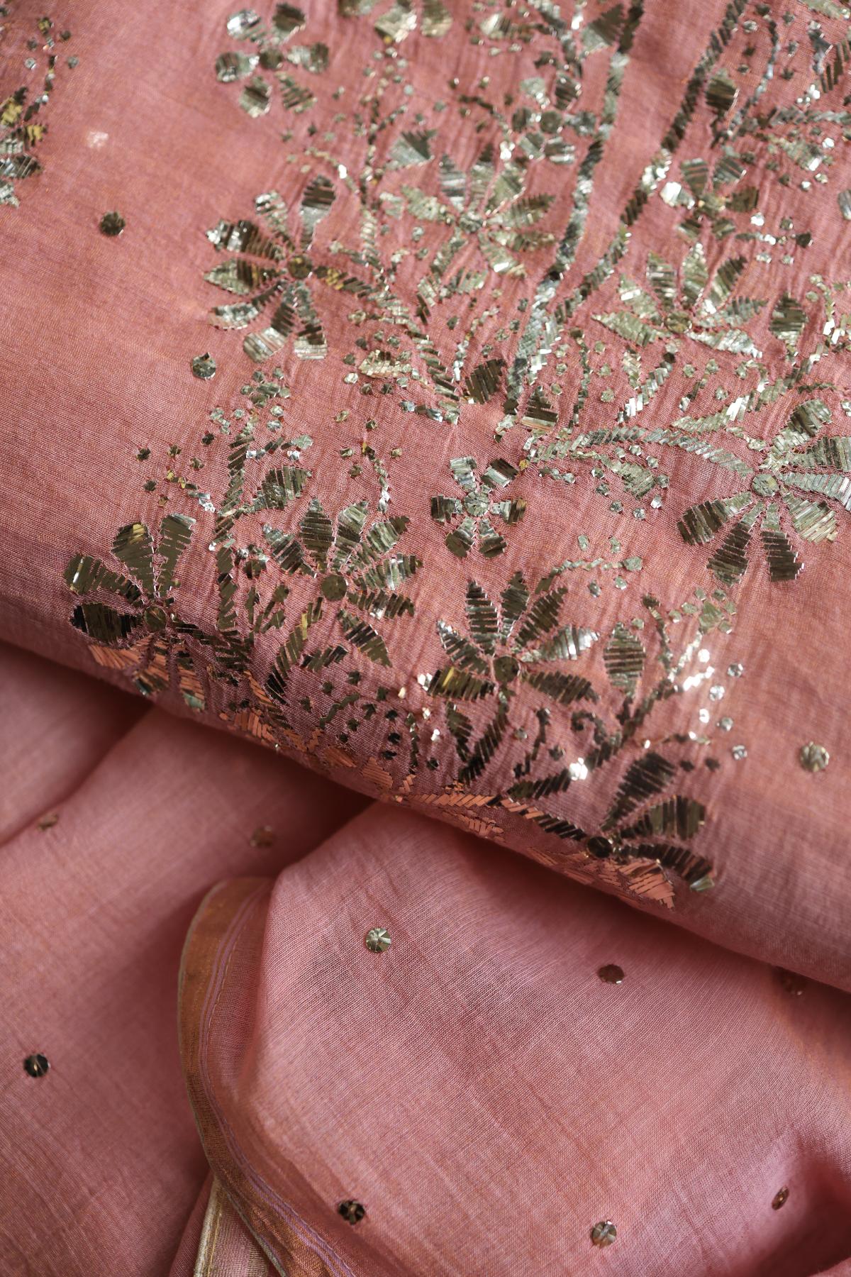 Peach Roheen Tissue Silk Mukaish Badla Fabric