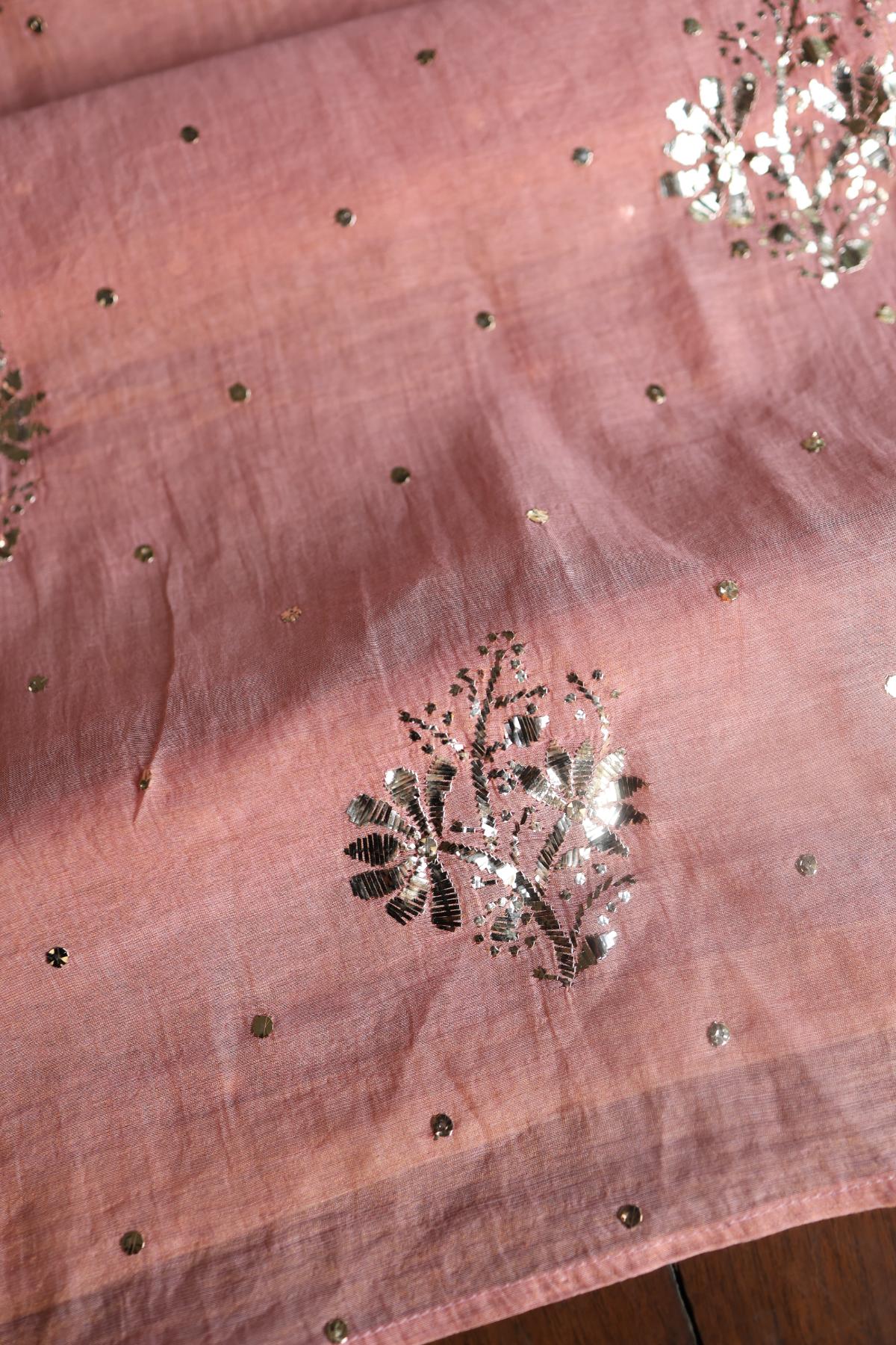 Peach Roheen Tissue Silk Mukaish Badla Fabric