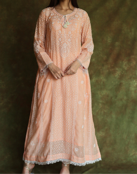 Peach & White Mulmul Pearl Work Chikankari Anarkali With Dupatta