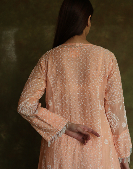 Peach & White Mulmul Pearl Work Chikankari Anarkali With Dupatta