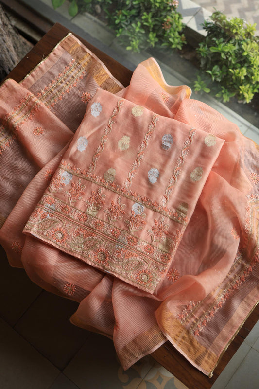 Peach Banarasi Zari Chanderi Unstitched Chikankari Fabric