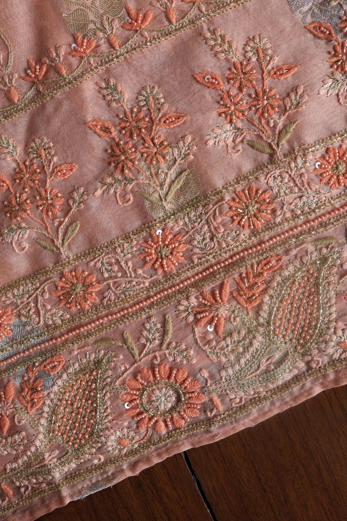 Peach Banarasi Zari Chanderi Unstitched Chikankari Fabric