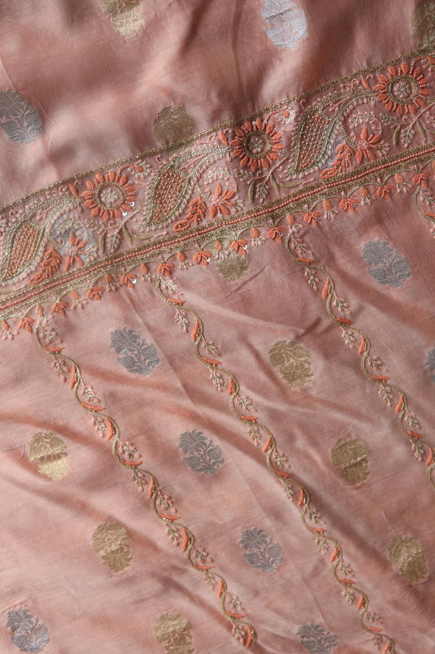 Peach Banarasi Zari Chanderi Unstitched Chikankari Fabric