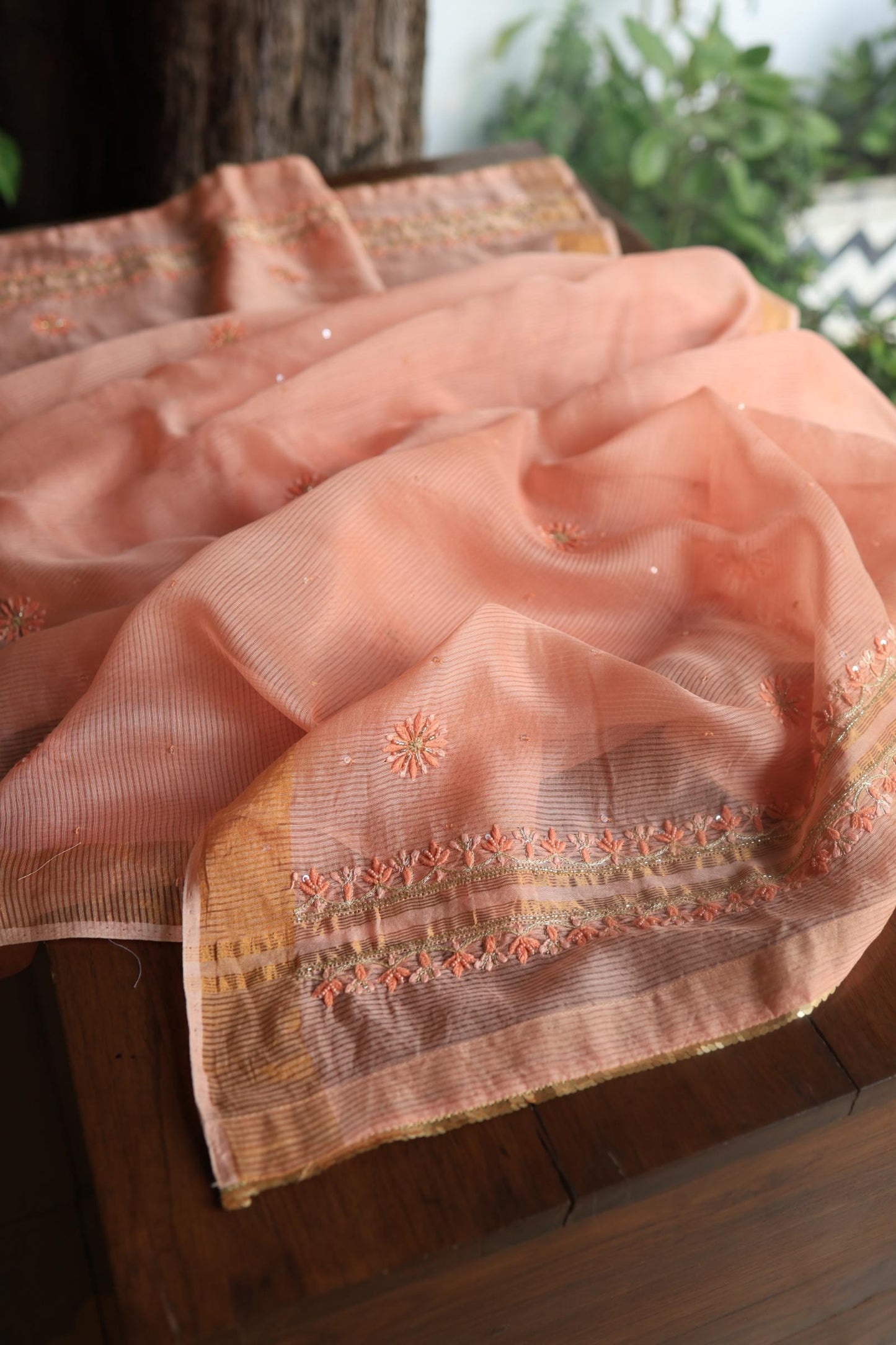 Peach Banarasi Zari Chanderi Unstitched Chikankari Fabric