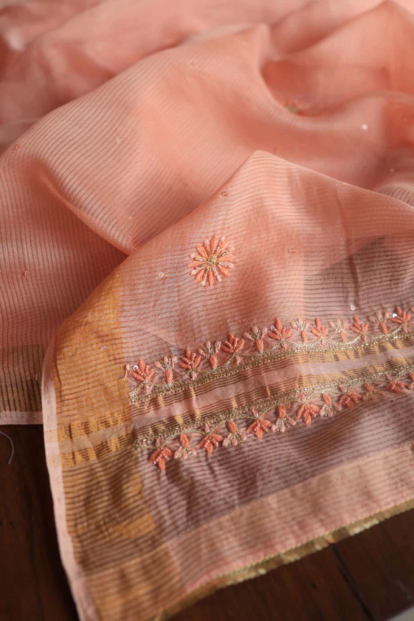 Peach Banarasi Zari Chanderi Unstitched Chikankari Fabric
