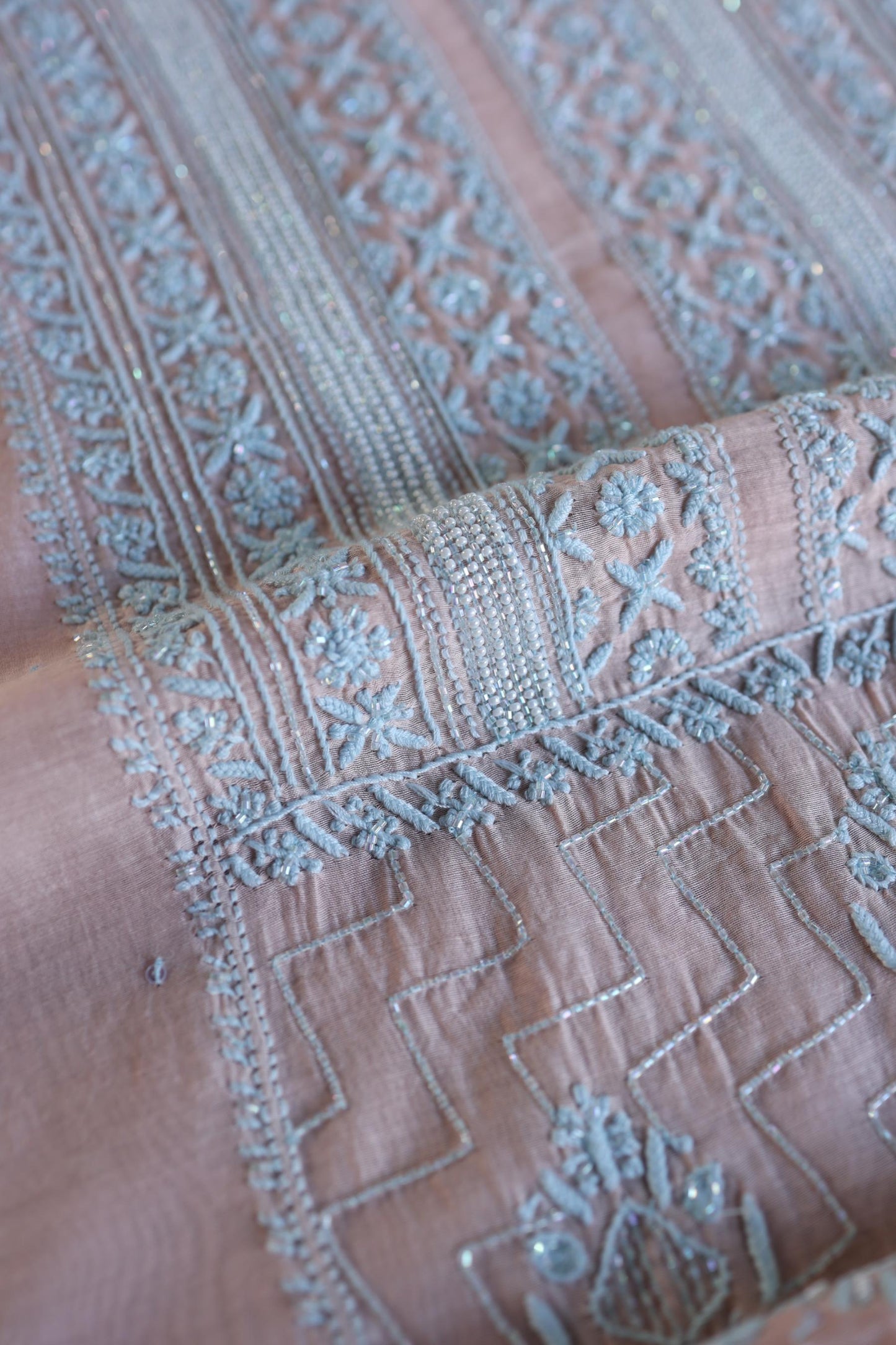 Peach Blue Shade Malmal Pearl Work Chikankari Fabric
