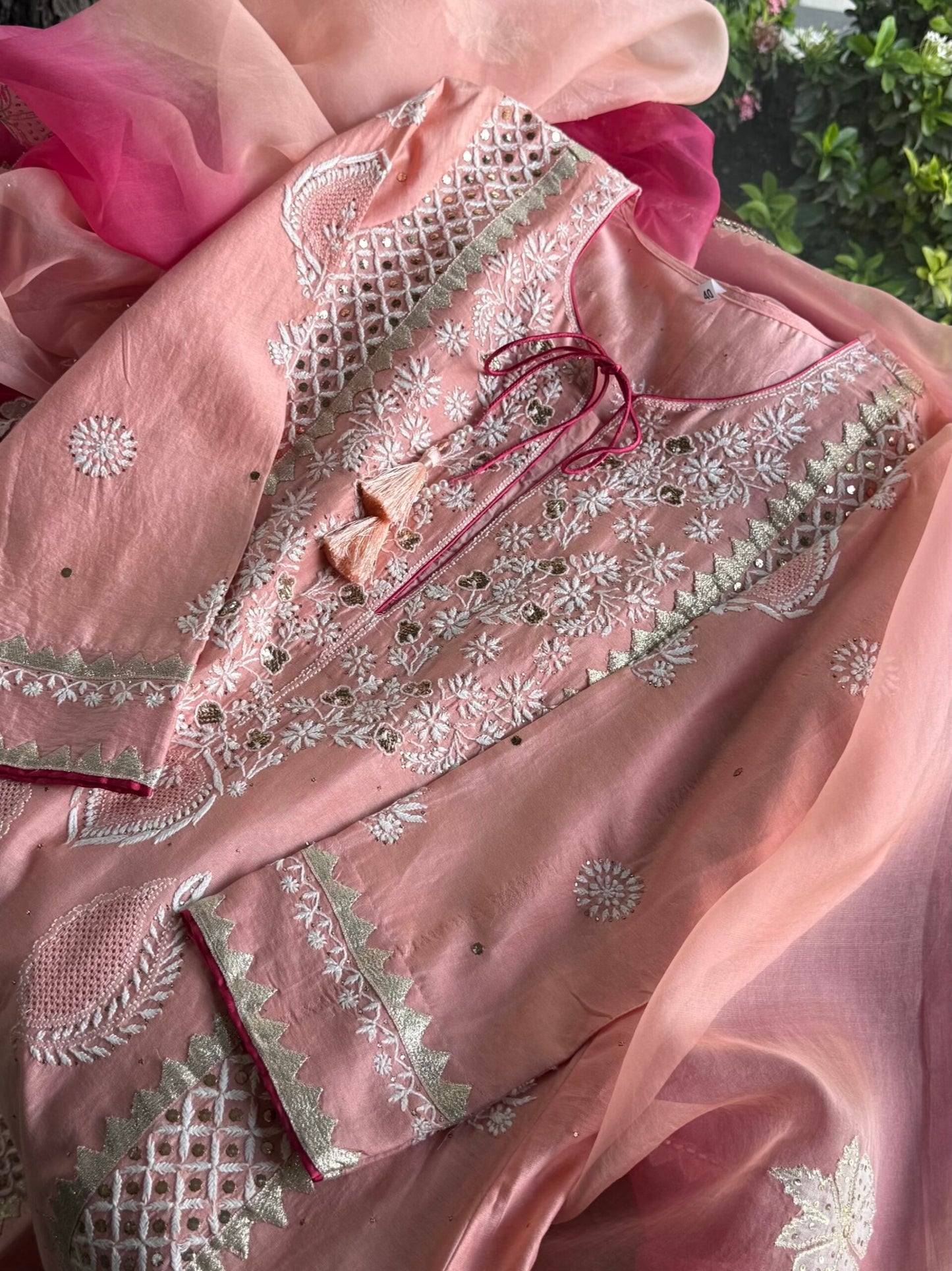 Peach Chanderi Daraz Applique Chikankari Mukaish Kurta Dupatta Set