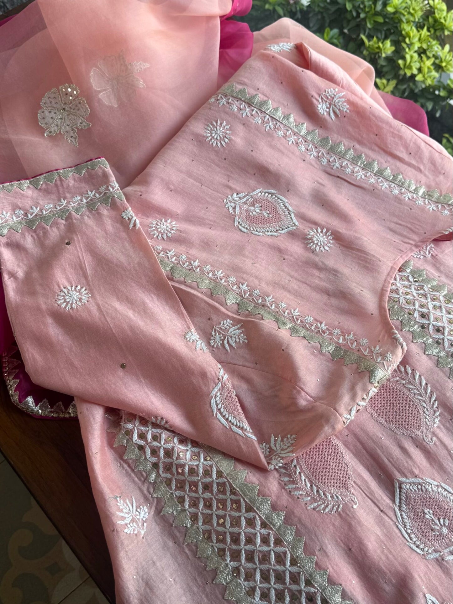 Peach Chanderi Daraz Applique Chikankari Mukaish Kurta Dupatta Set