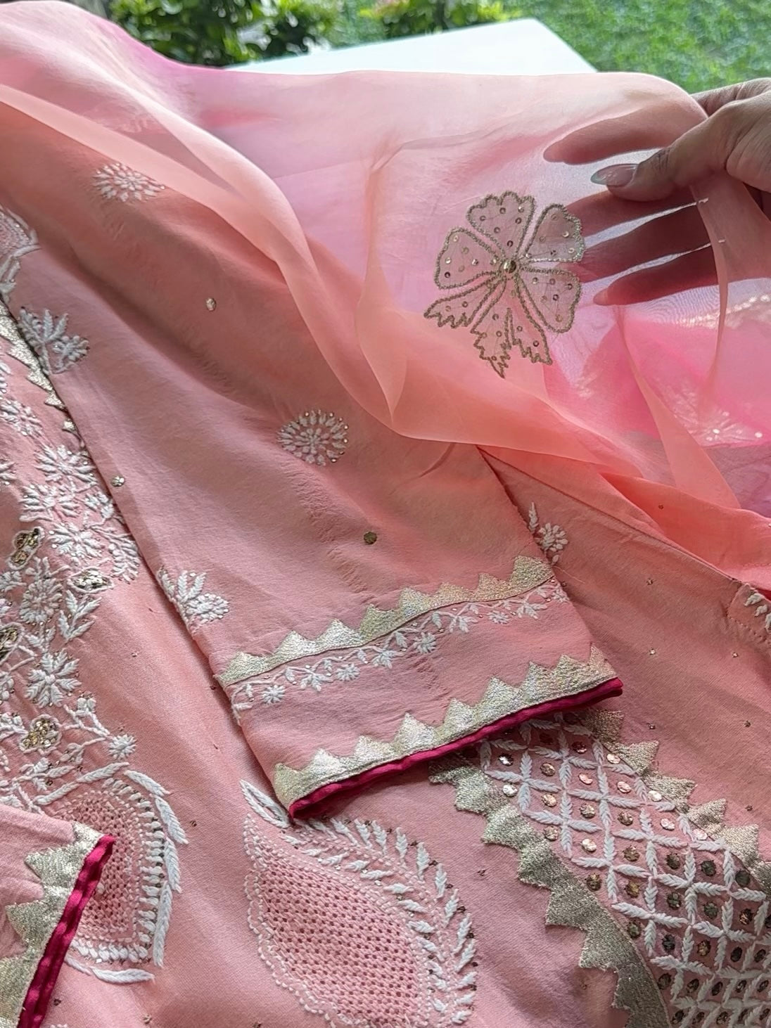 Peach Chanderi Daraz Applique Chikankari Mukaish Kurta Dupatta Set
