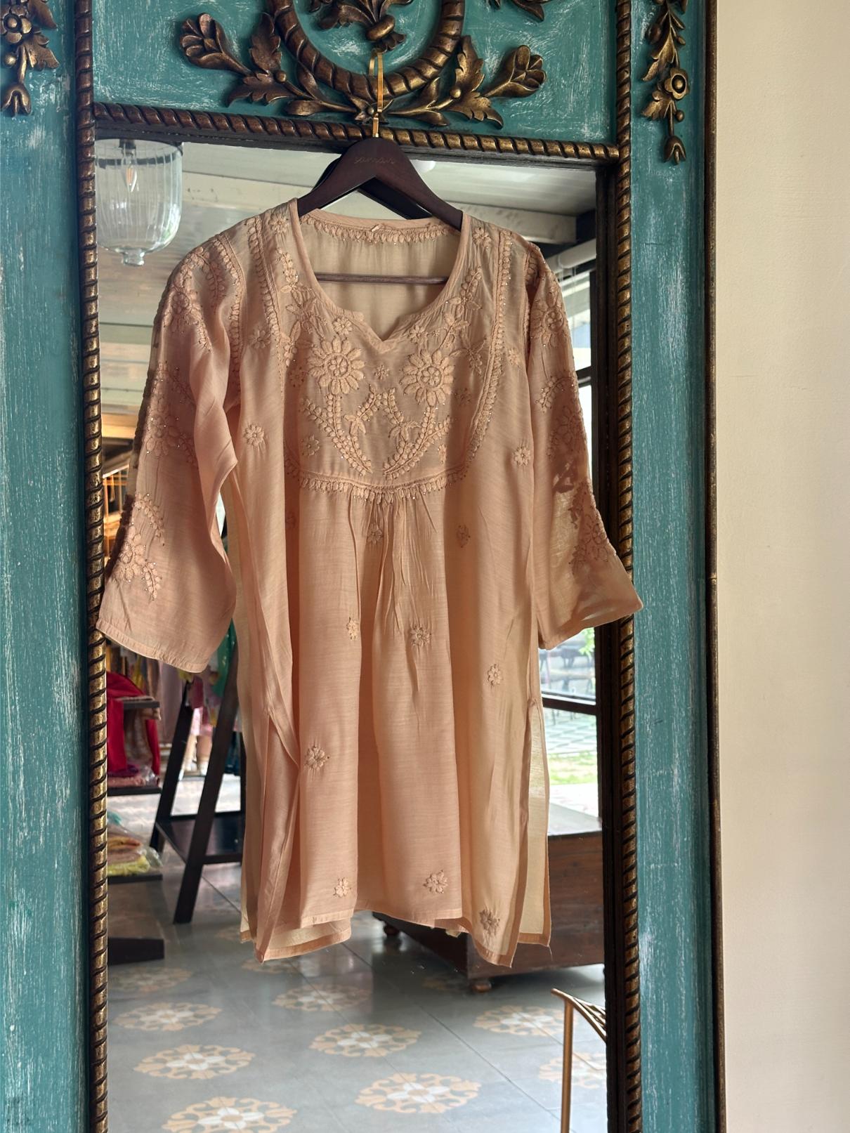 Peach Chanderi Mukaish Kamdani Short Kurti