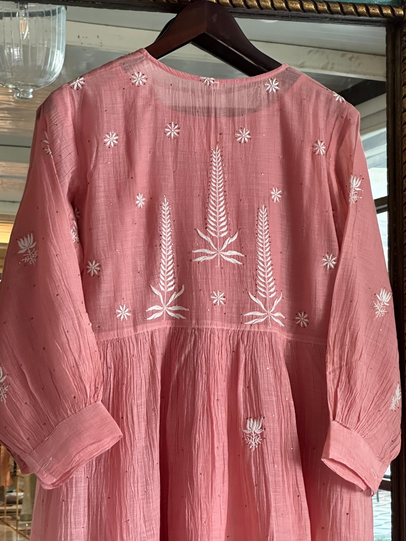 Peach Chikankari Embroidered Kurta with Front Buttons & Tassel Detail