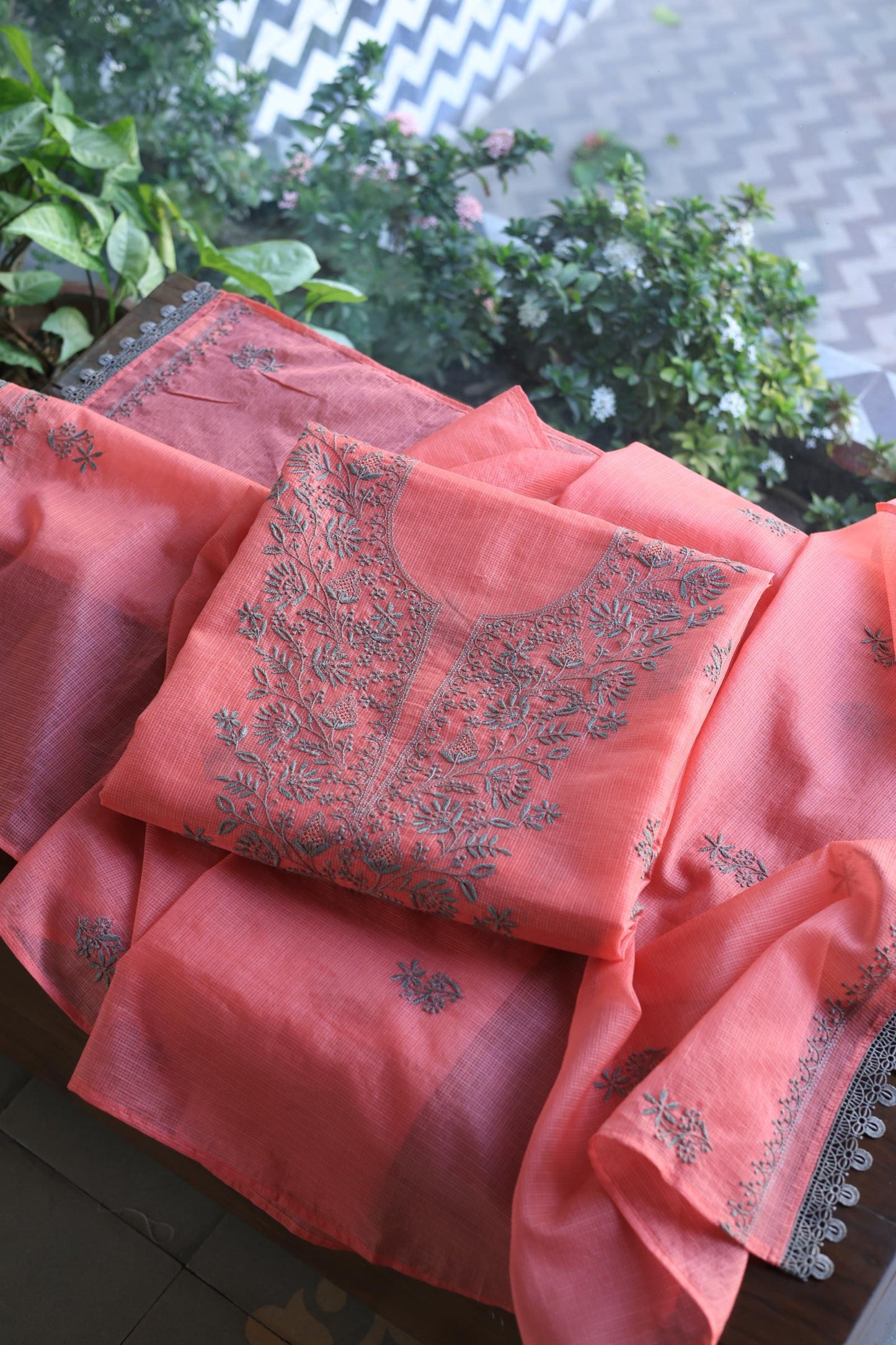 Peach Kota Chikankari Unstitched Fabric