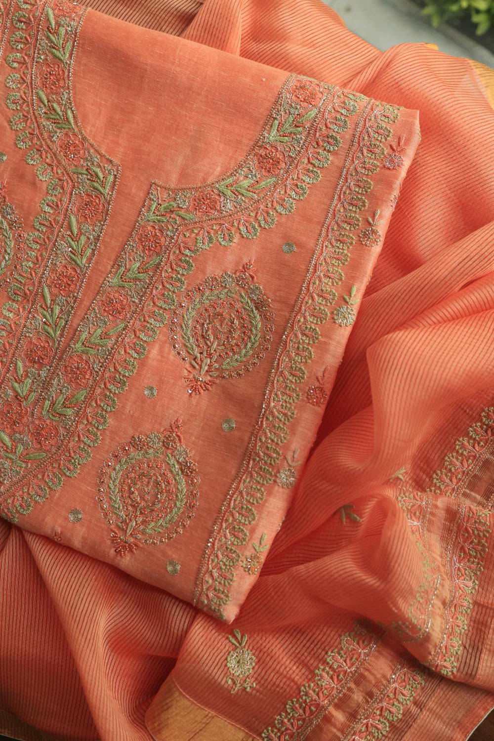 Peach Linen Silk Chikankari With Ari Work Unstitched Kurta Dupatta Set