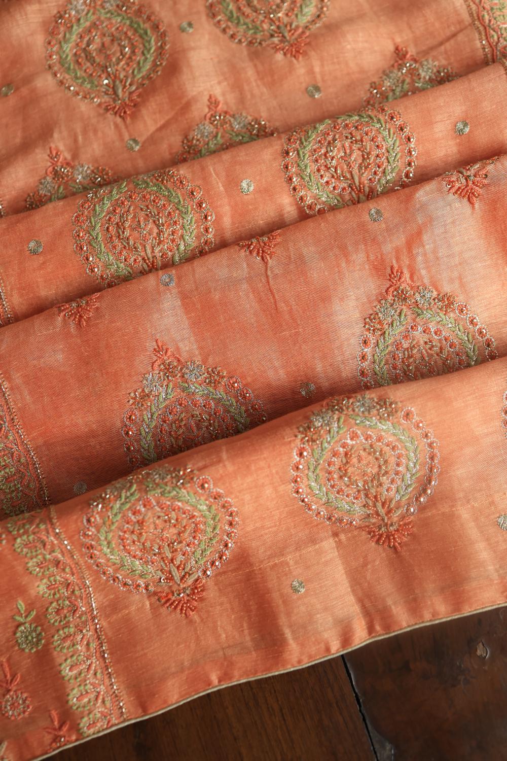 Peach Linen Silk Chikankari With Ari Work Unstitched Kurta Dupatta Set