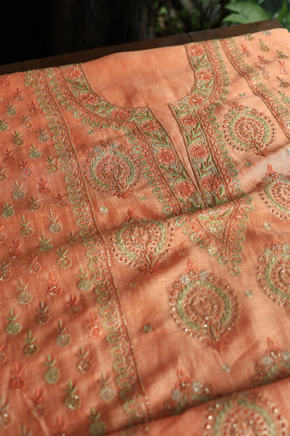 Peach Linen Silk Chikankari With Ari Work Unstitched Kurta Dupatta Set