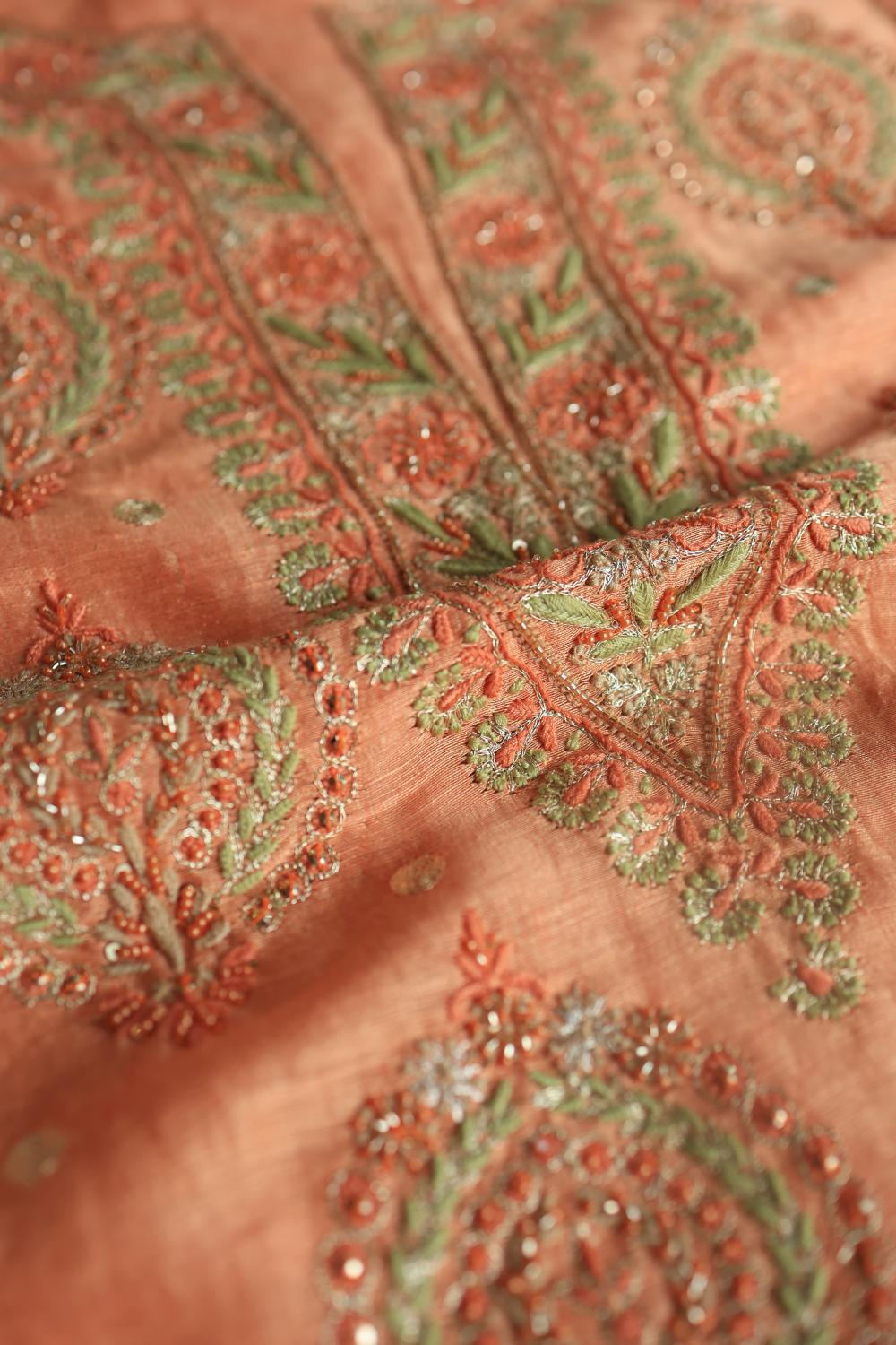 Peach Linen Silk Chikankari With Ari Work Unstitched Kurta Dupatta Set
