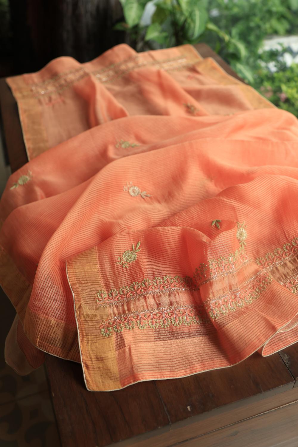 Peach Linen Silk Chikankari With Ari Work Unstitched Kurta Dupatta Set