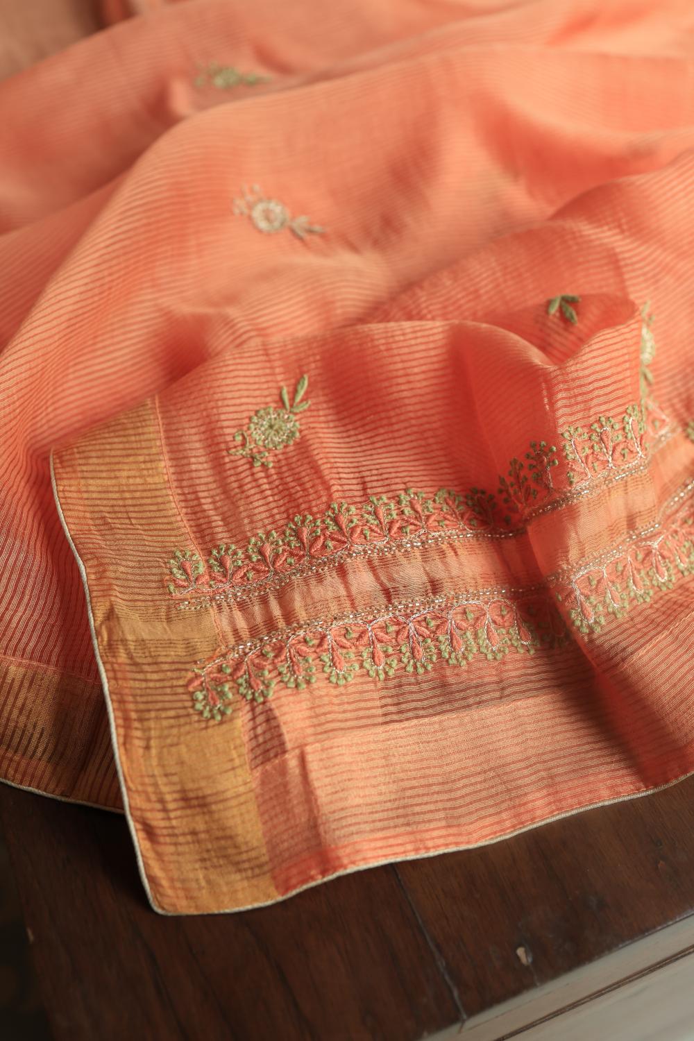 Peach Linen Silk Chikankari With Ari Work Unstitched Kurta Dupatta Set