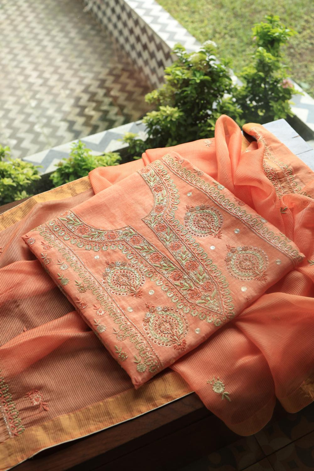 Peach Linen Silk Chikankari With Ari Work Unstitched Kurta Dupatta Set
