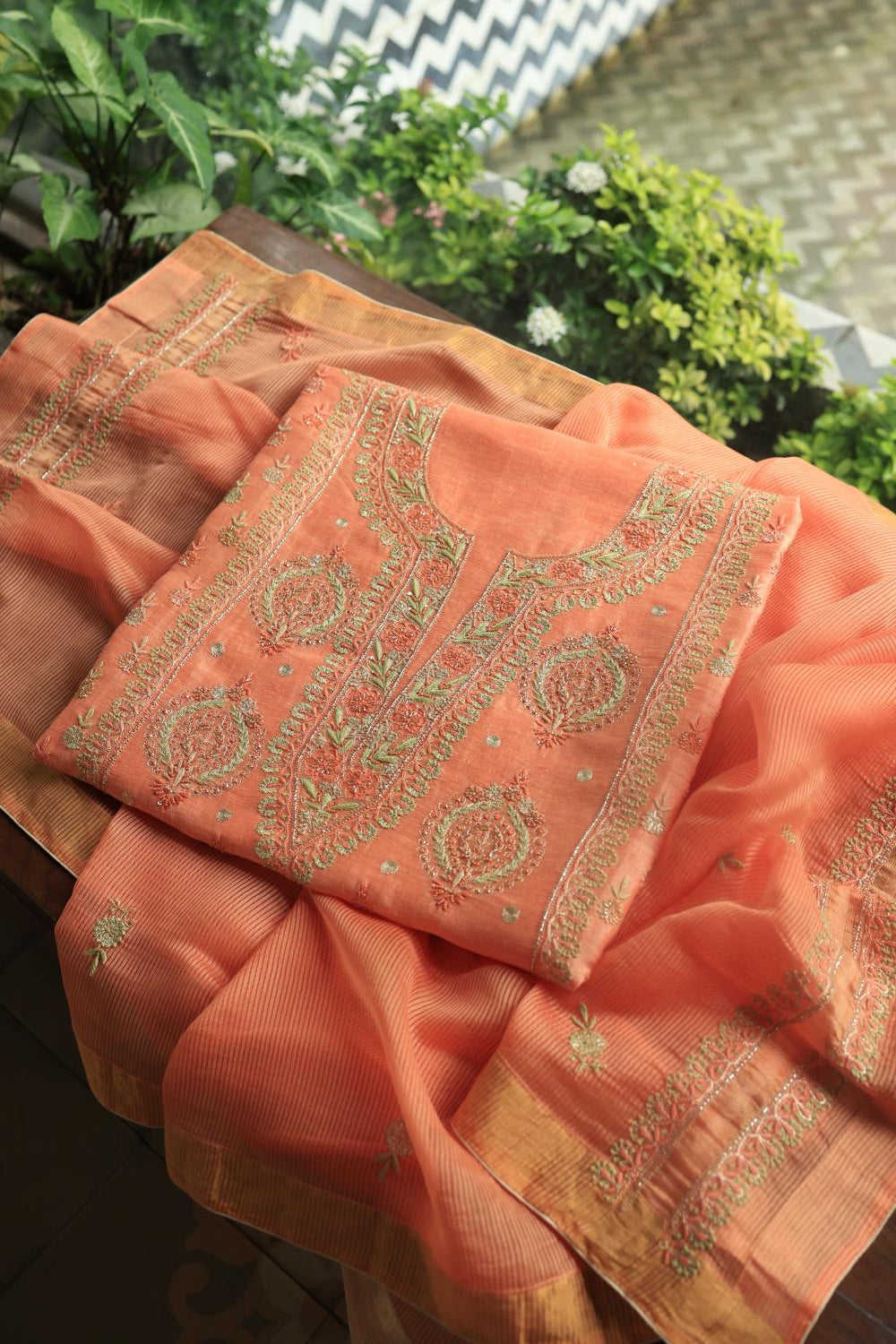 Peach Linen Silk Chikankari With Ari Work Unstitched Kurta Dupatta Set