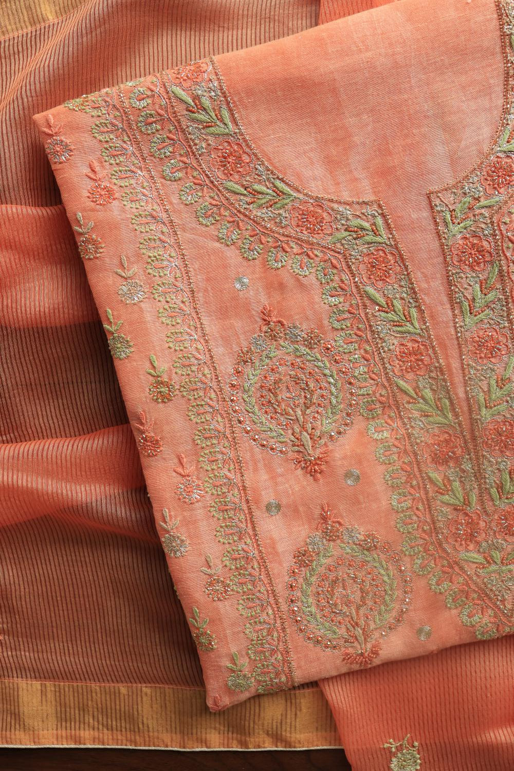 Peach Linen Silk Chikankari With Ari Work Unstitched Kurta Dupatta Set