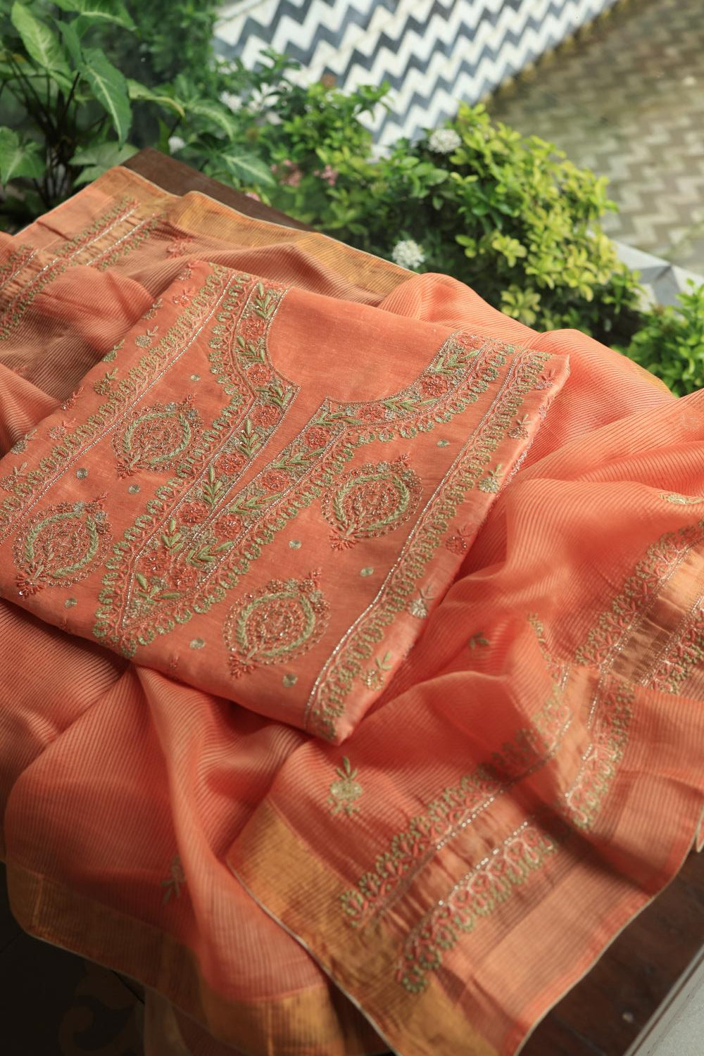 Peach Linen Silk Chikankari With Ari Work Unstitched Kurta Dupatta Set